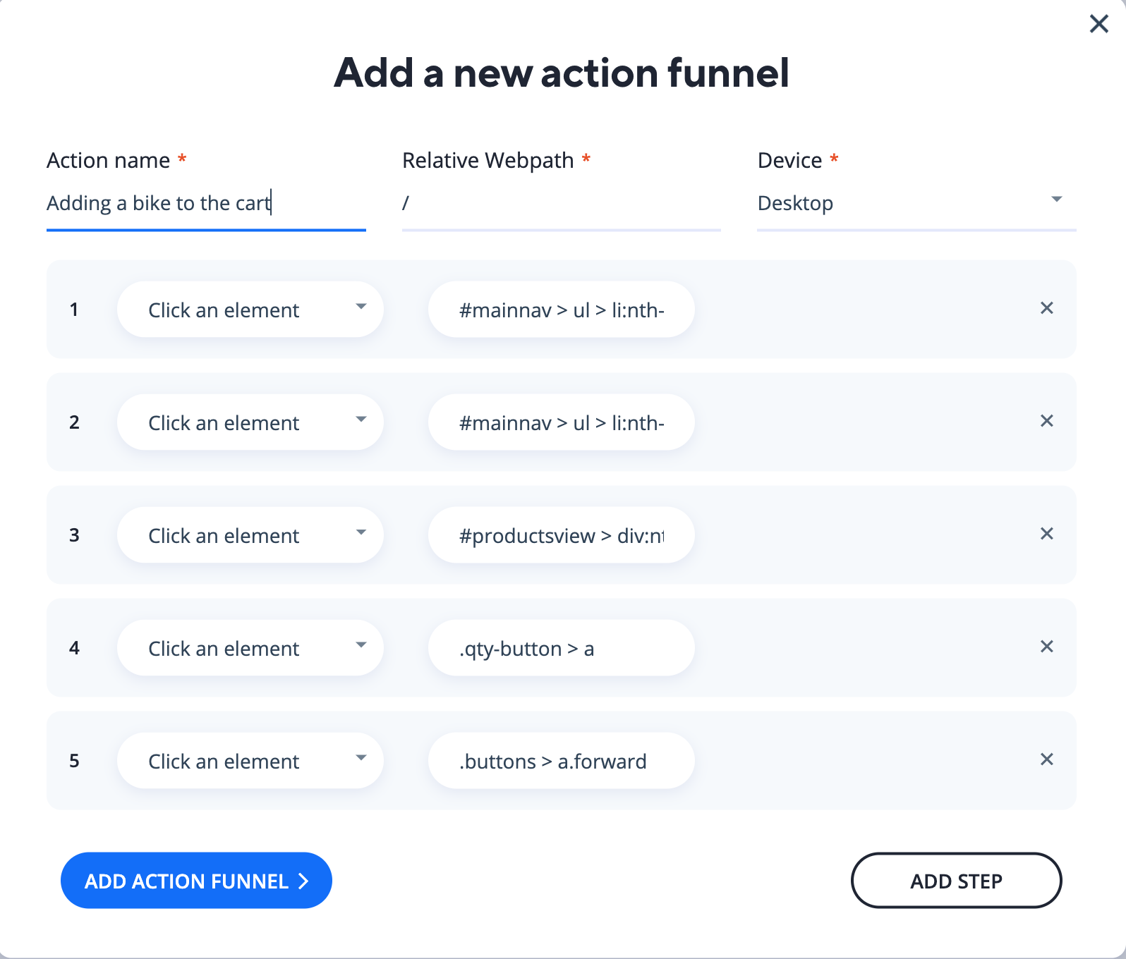 Screenshot example of add to cart funnel