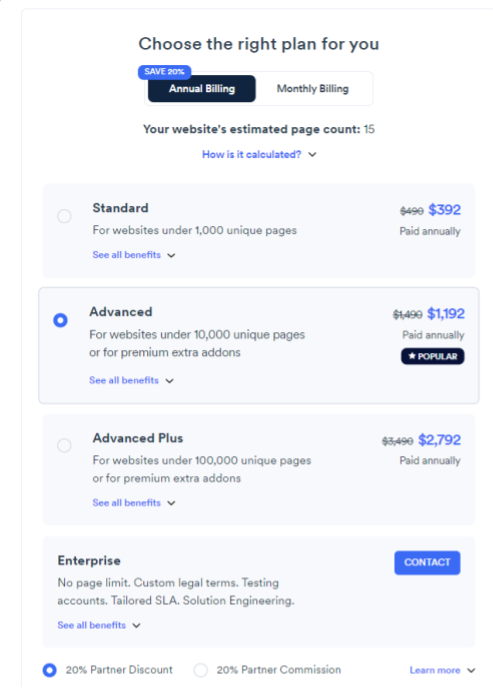 Screenshot of choose plan
