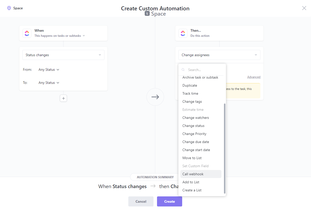 Screenshot of Call webhook