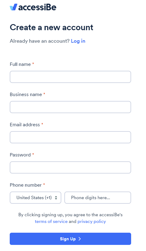 Screenshot of create an account