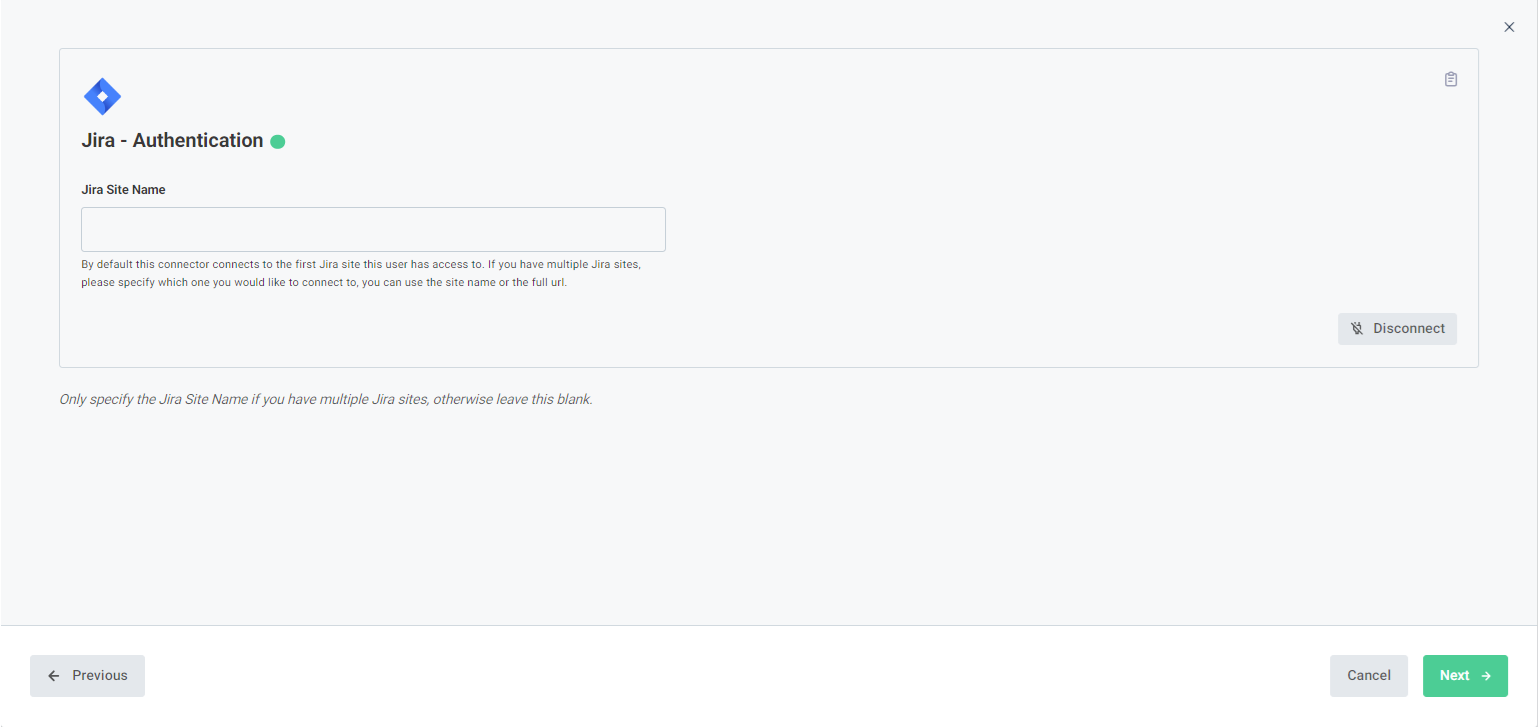 Screenshot of connected Jira authentication