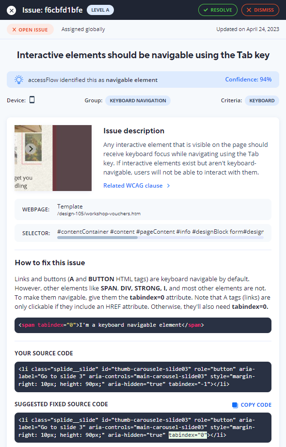 Screenshot of remediation panel